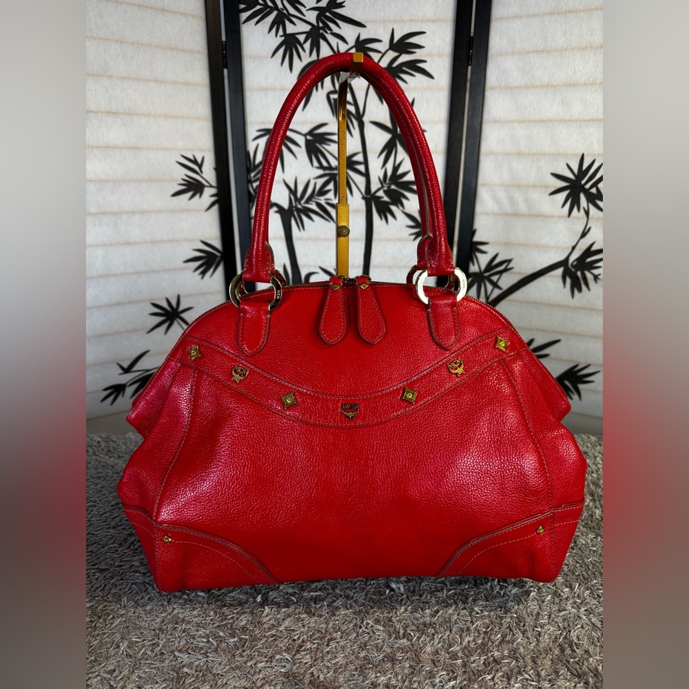 MCM Studded Red Leather Top Handle Bag Satchel